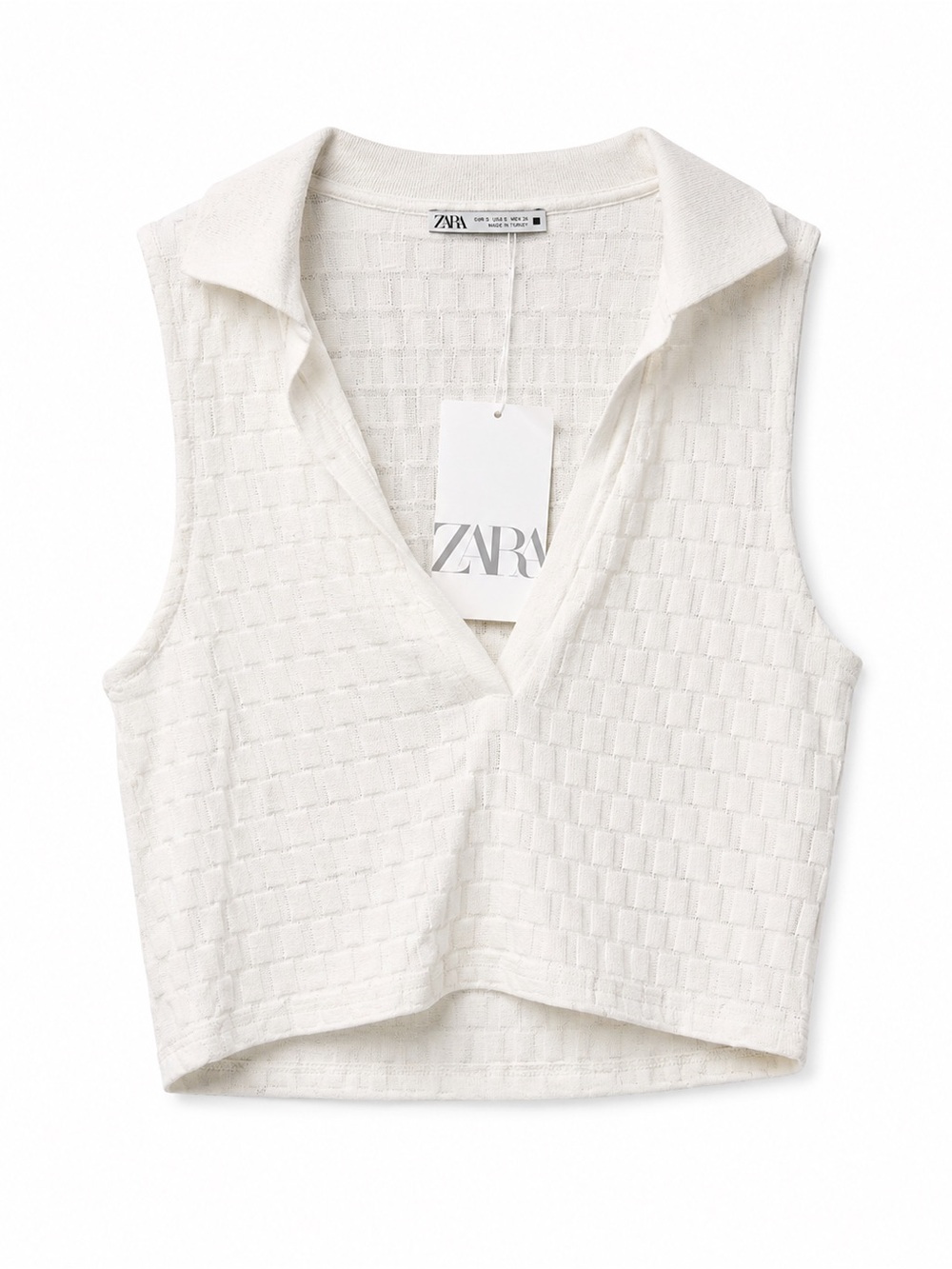 ZARA Cream Textured Sleeveless Polo V-Neck Top